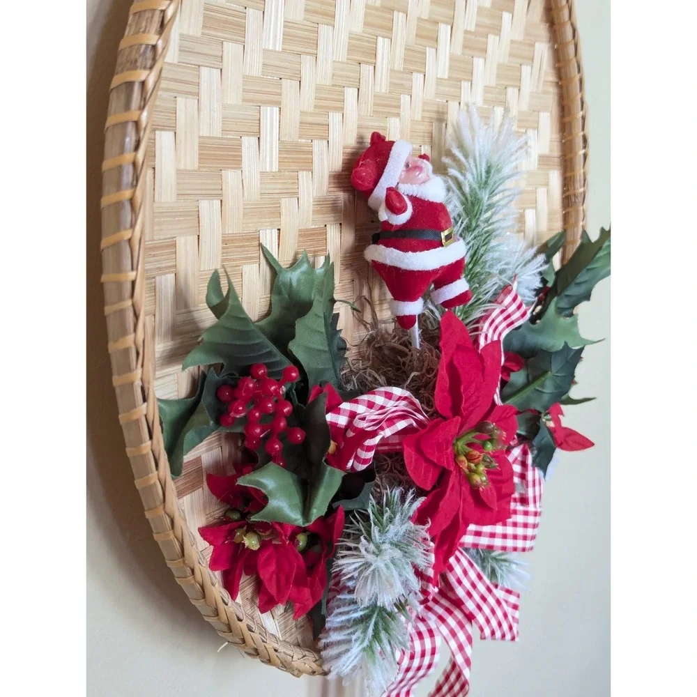 Vintage Flocked Chenille Santa Christmas Wreath Tray Poinsettia Wall Door Decor